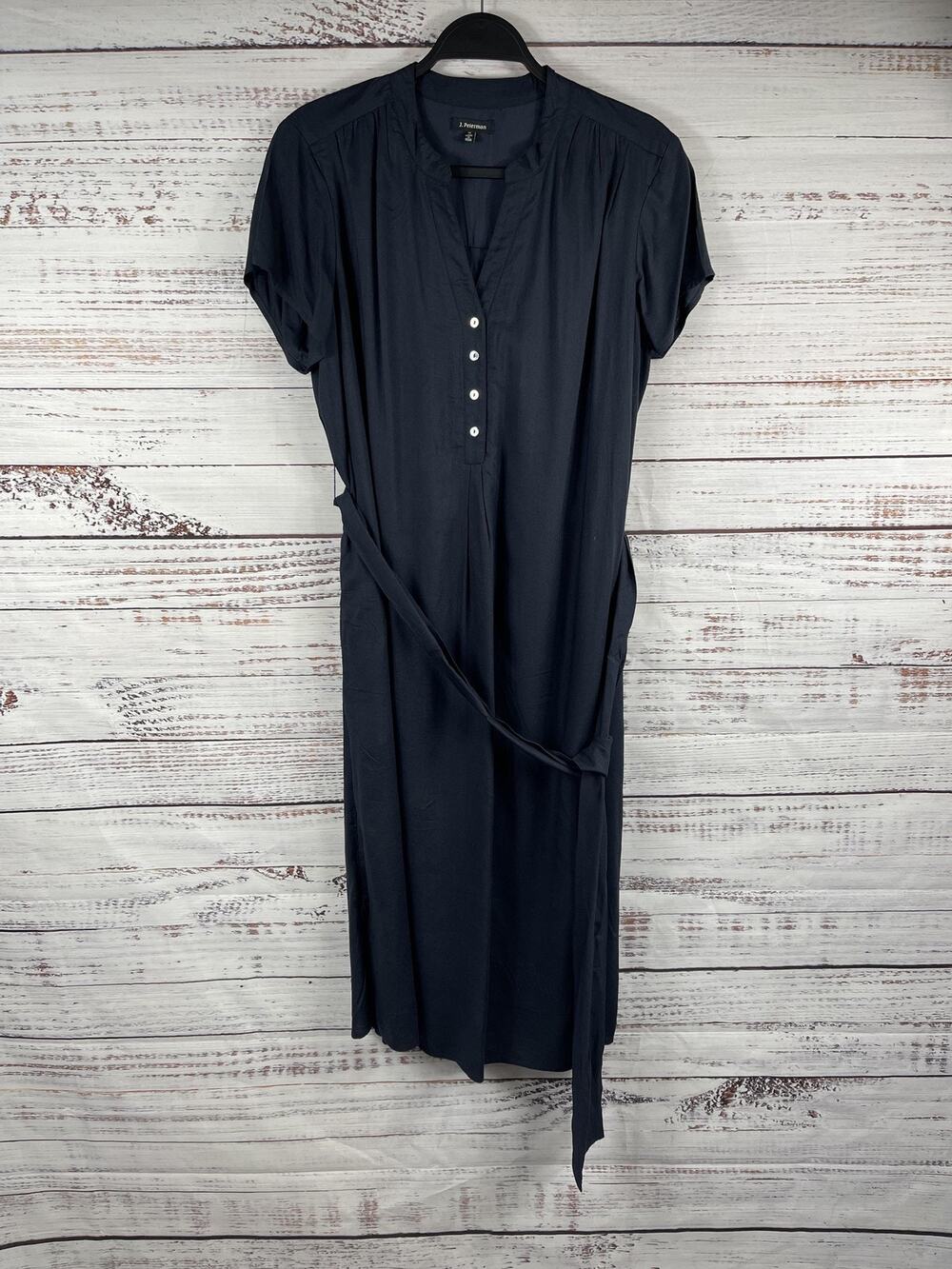 J. Peterman Dress Women's 10 Blue Henley Shirt Midi Short Sleeve Belted Pockets